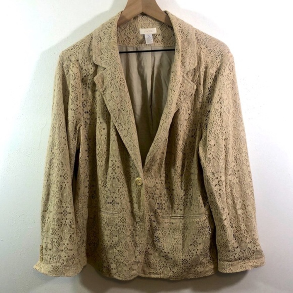 Chico’s Lace 1 Button Blazer Jacket in Neutral Beige Size 3 XL